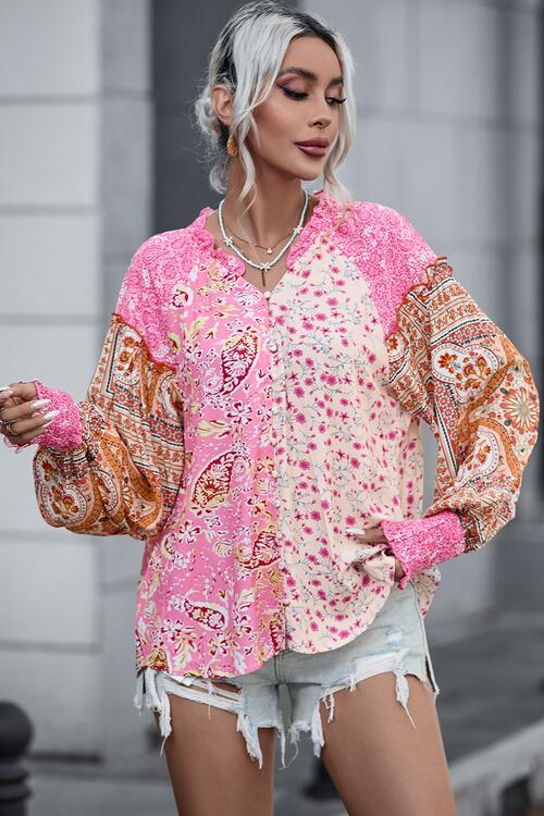 Printed Buttoned Lantern Sleeve Shirt - GemThreads Boutique