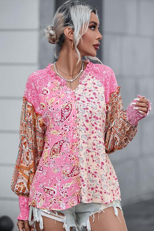 Printed Buttoned Lantern Sleeve Shirt - GemThreads Boutique