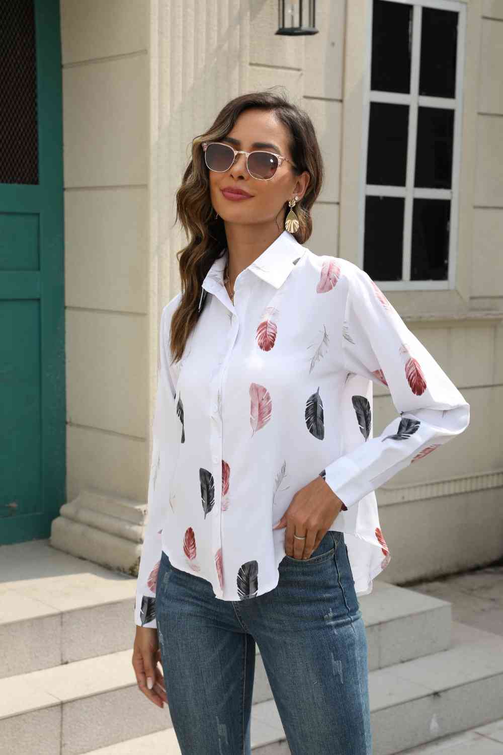 Printed Collared Neck Buttoned Shirt - GemThreads Boutique