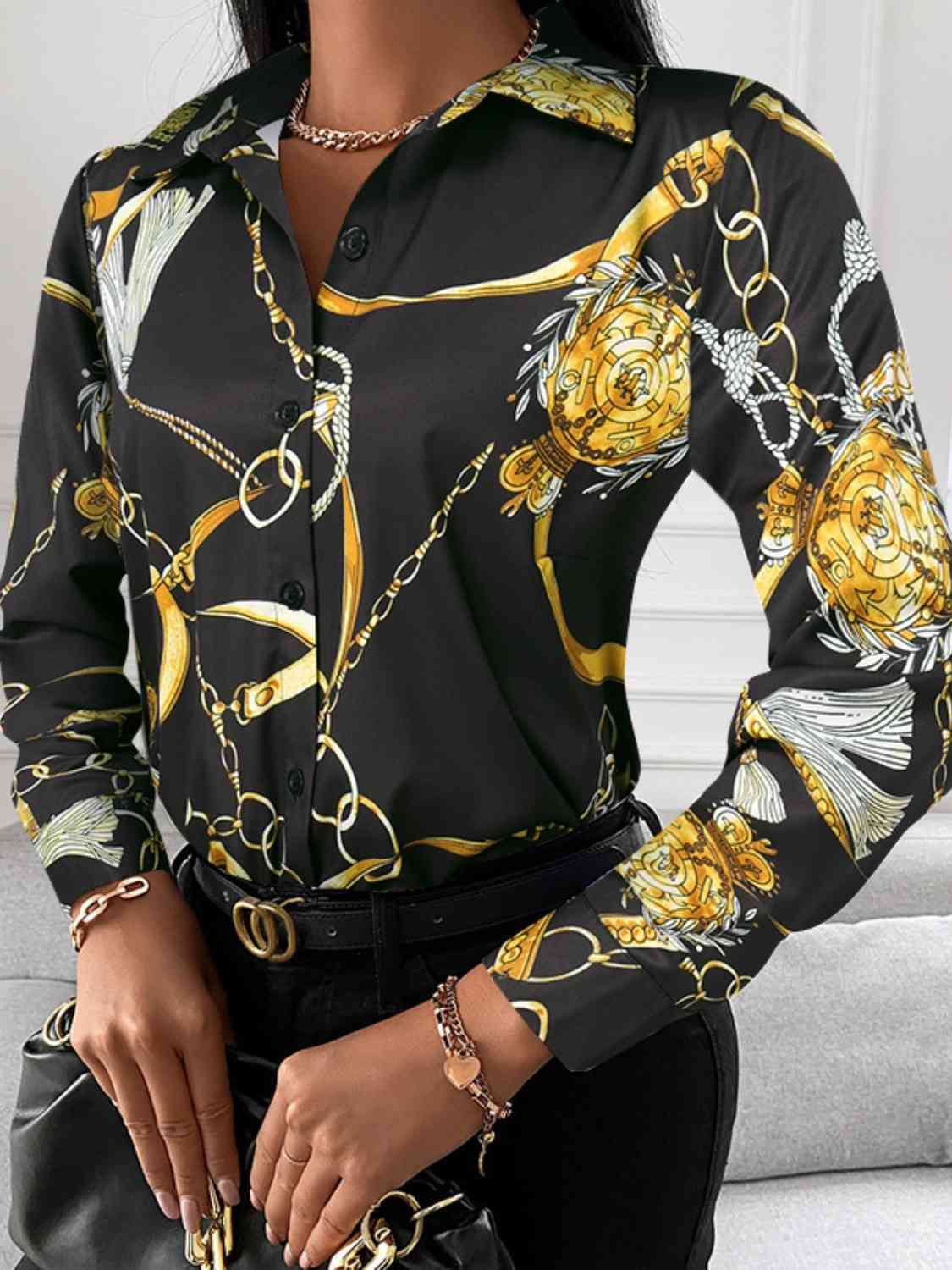 Printed Collared Neck Long Sleeve Shirt - GemThreads Boutique
