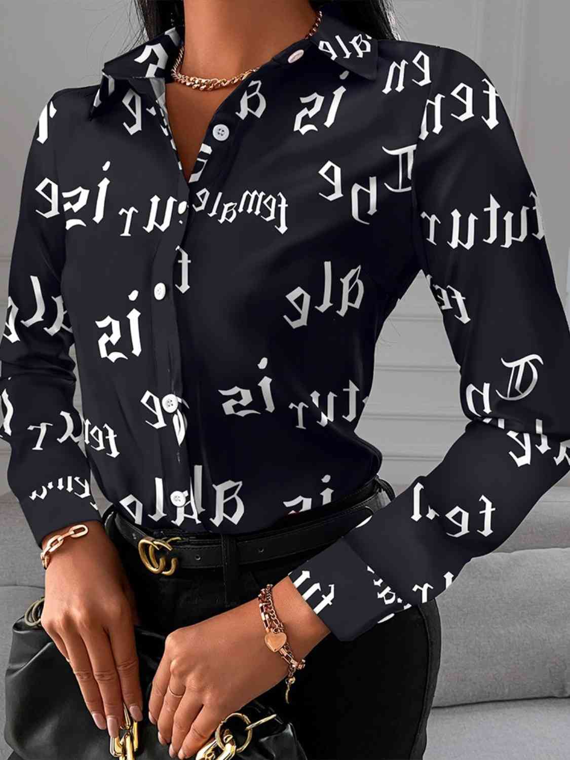 Printed Collared Neck Long Sleeve Shirt - GemThreads Boutique