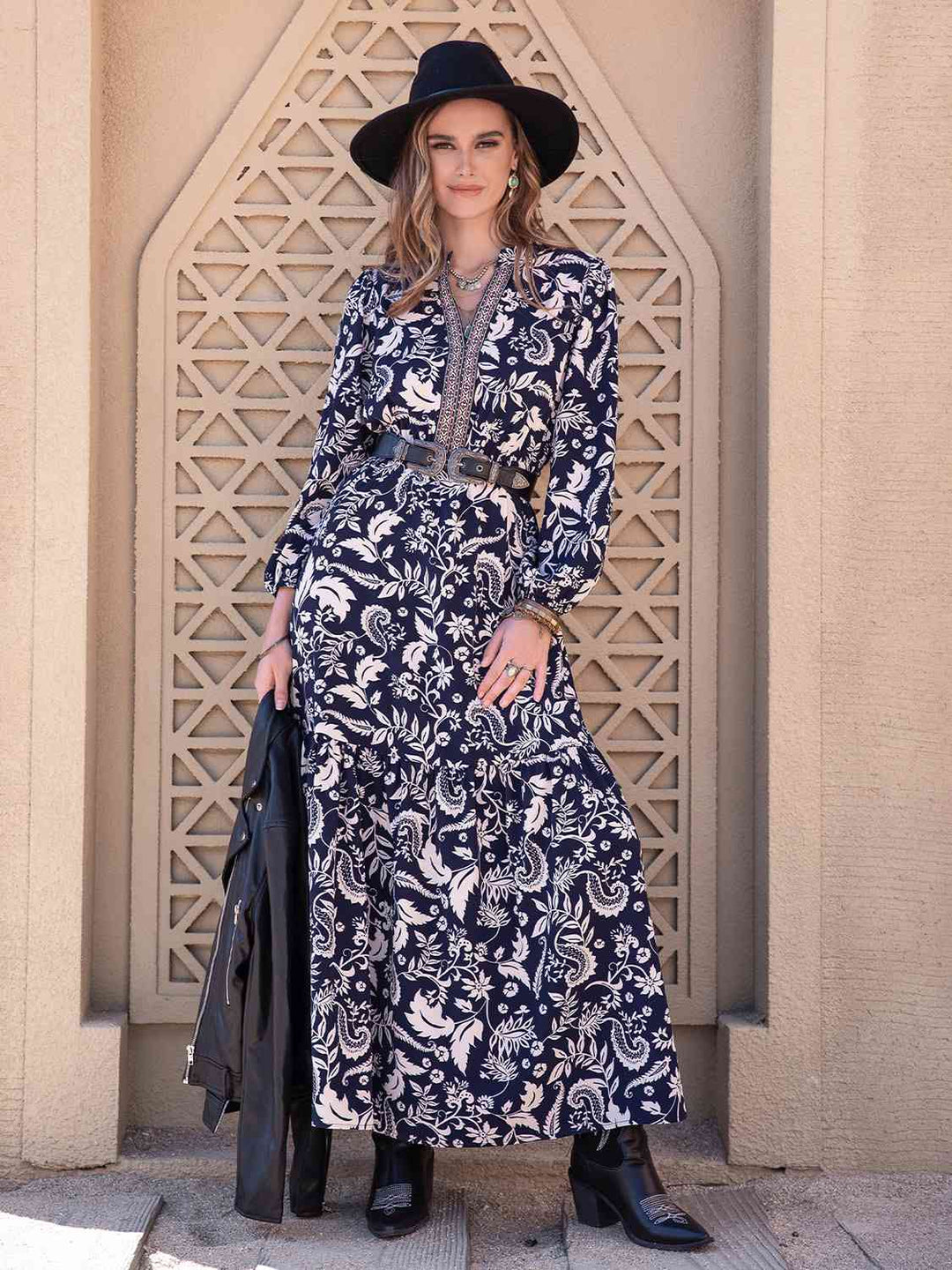 Printed Notched Neck Maxi Dress - GemThreads Boutique
