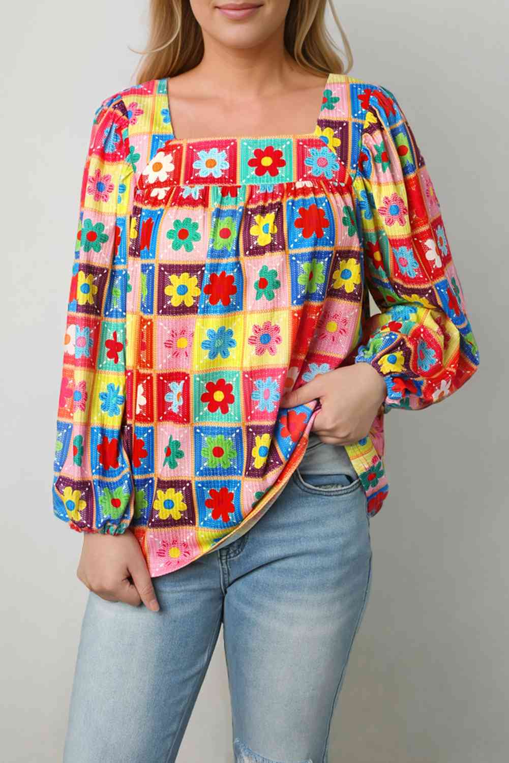 Printed Square Neck Balloon Sleeve Top - GemThreads Boutique