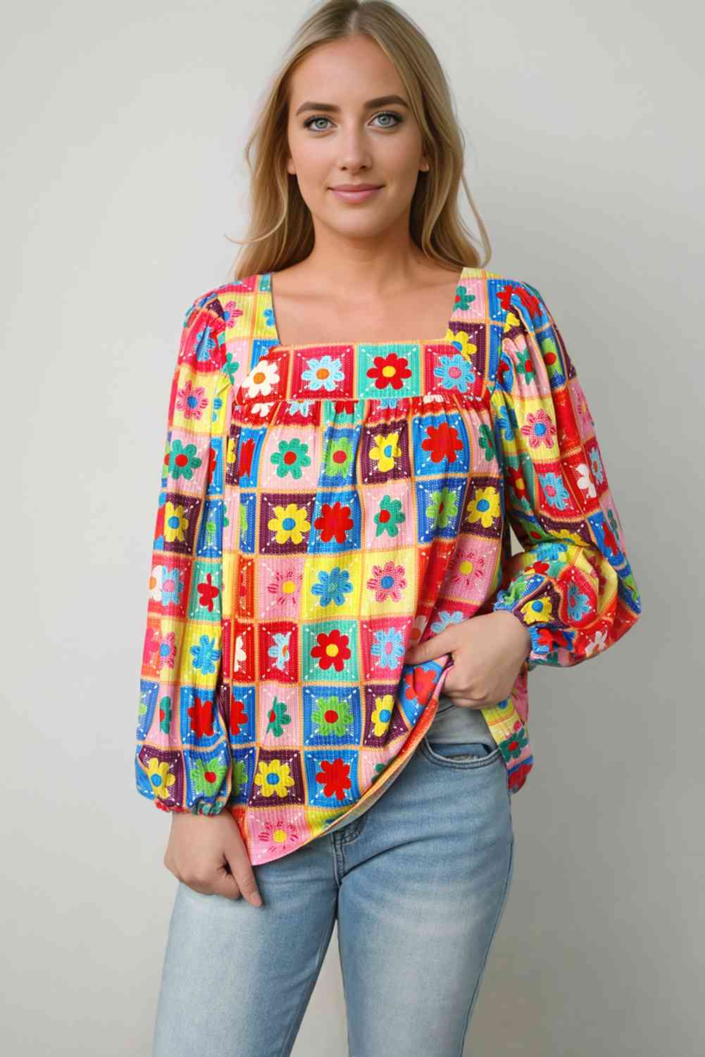 Printed Square Neck Balloon Sleeve Top - GemThreads Boutique