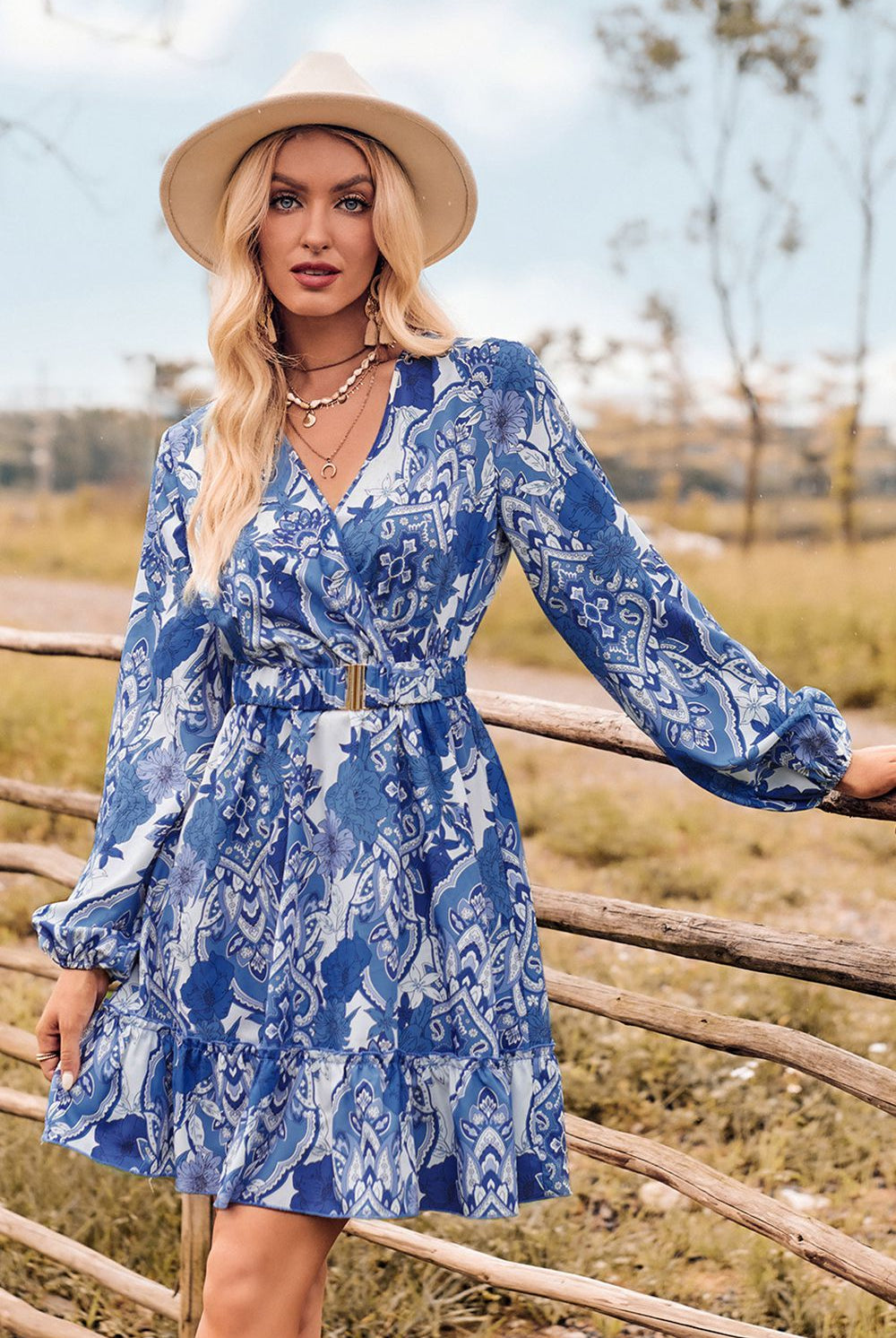 Printed Surplice Neck Long Sleeve Dress - GemThreads Boutique