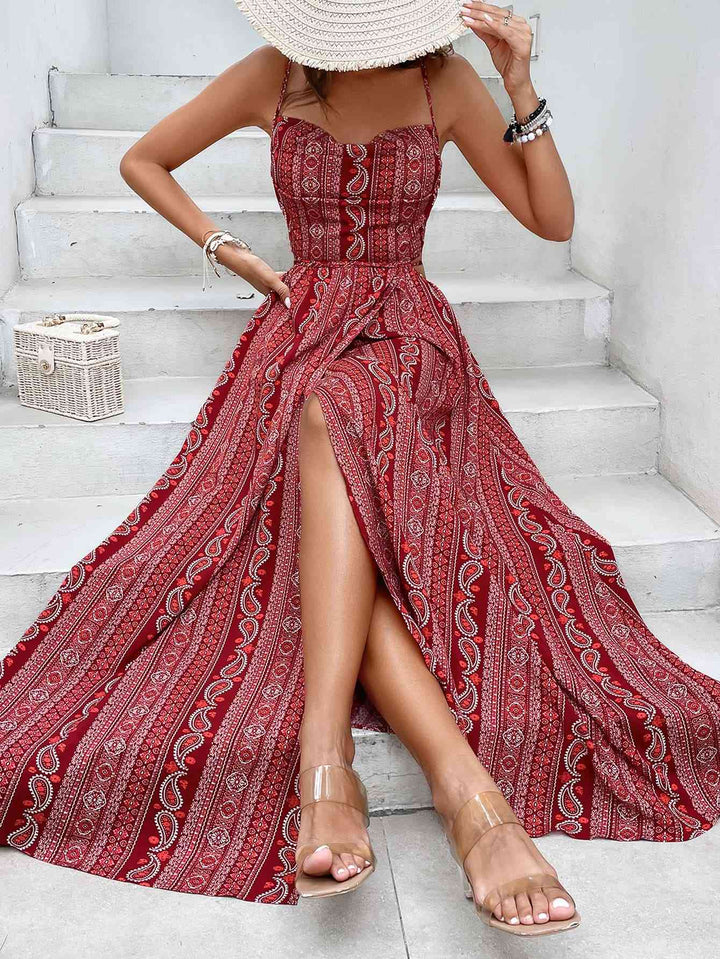 Printed Sweetheart Neck Split Maxi Dress - GemThreads Boutique