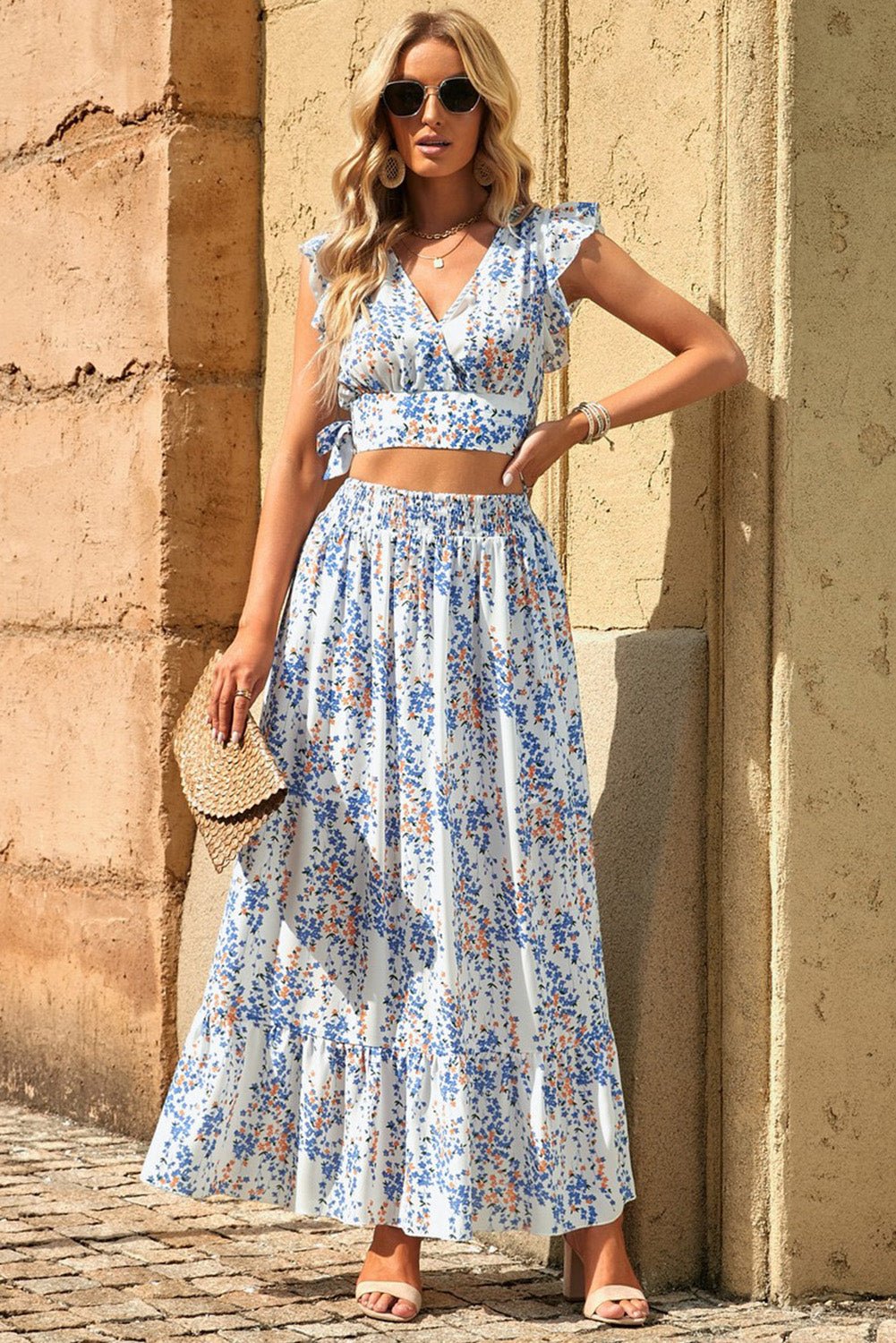 Printed Tie Back Cropped Top and Maxi Skirt Set - GemThreads Boutique