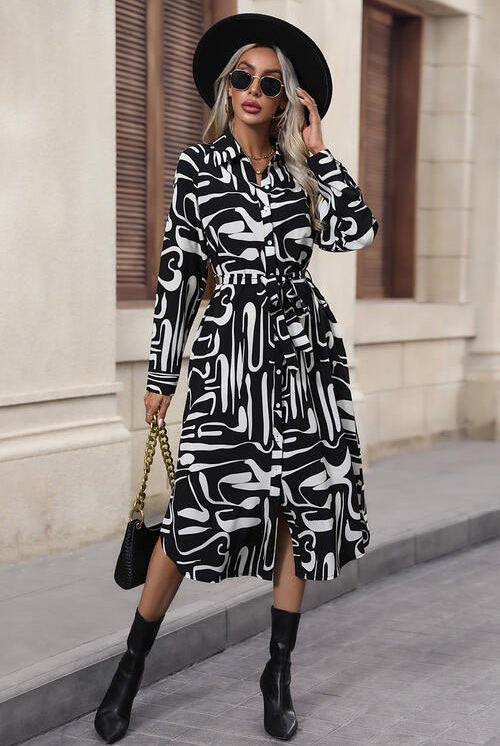Printed Tie Front Collared Neck Slit Shirt Dress - GemThreads Boutique