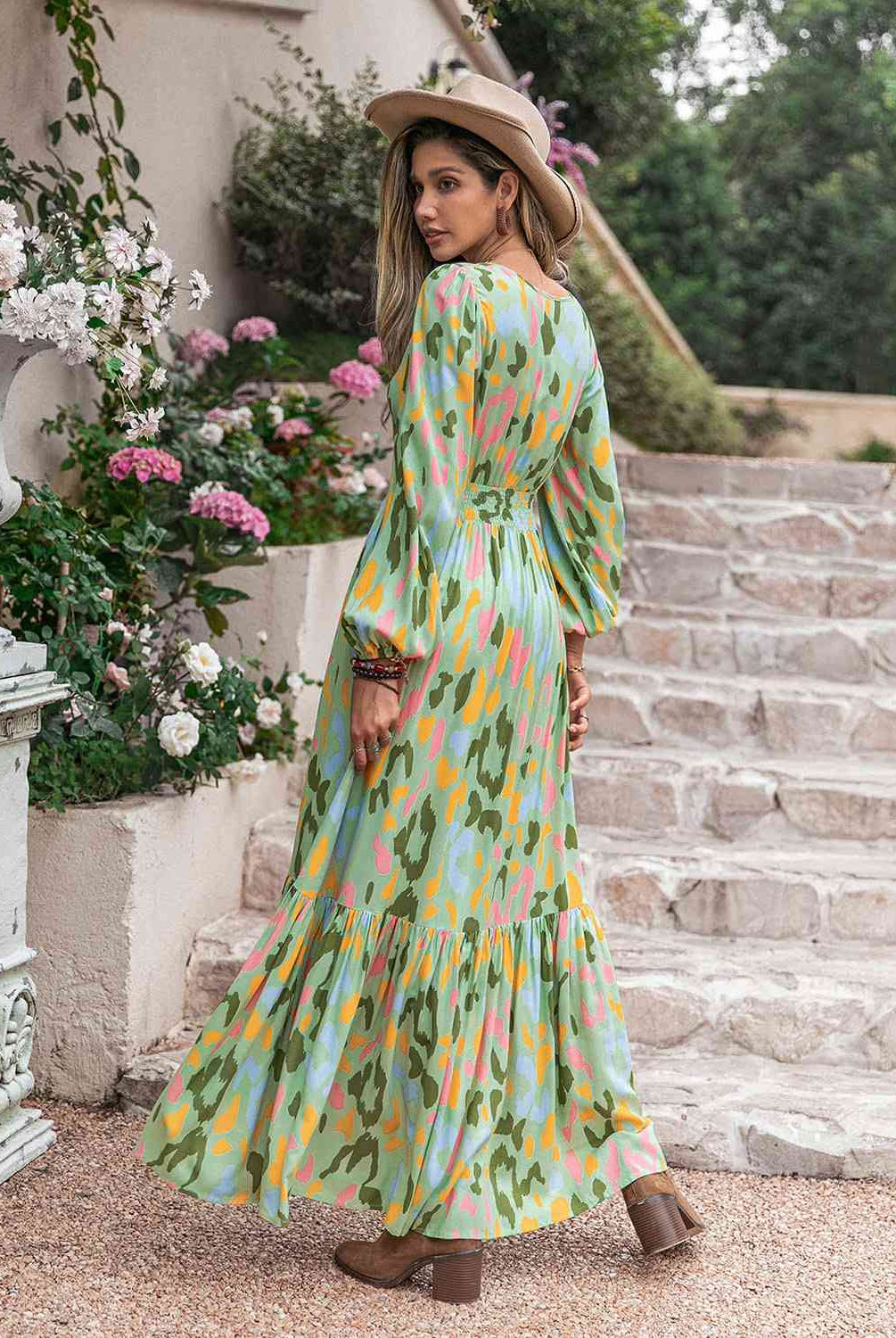 Printed Tie Neck Long Sleeve Maxi Dress - GemThreads Boutique