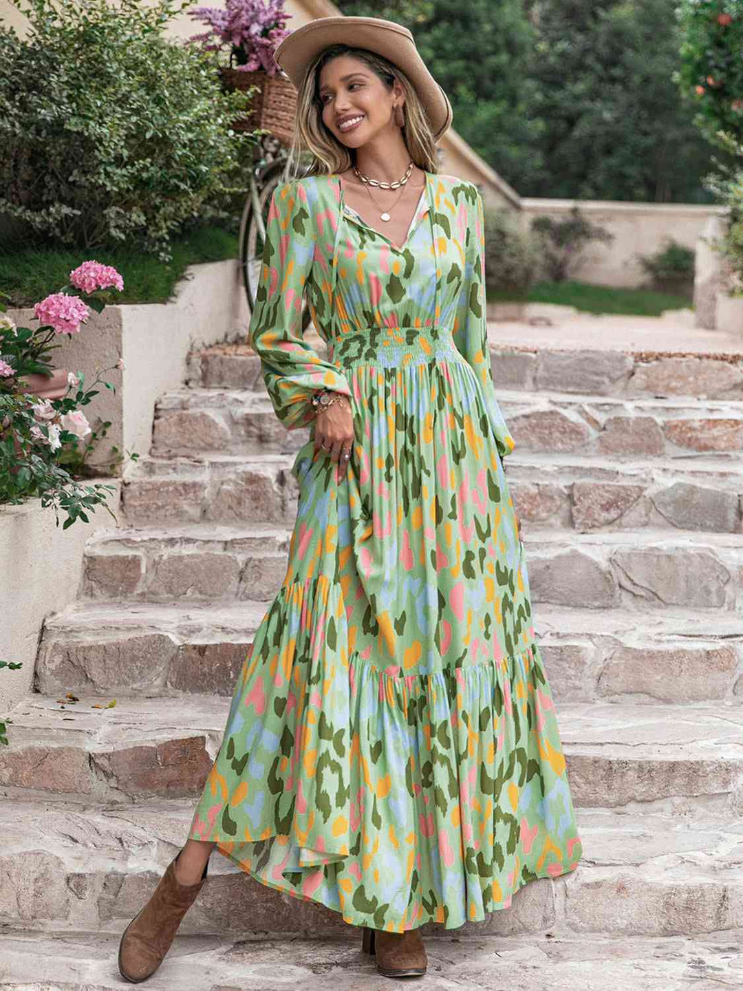 Printed Tie Neck Long Sleeve Maxi Dress - GemThreads Boutique