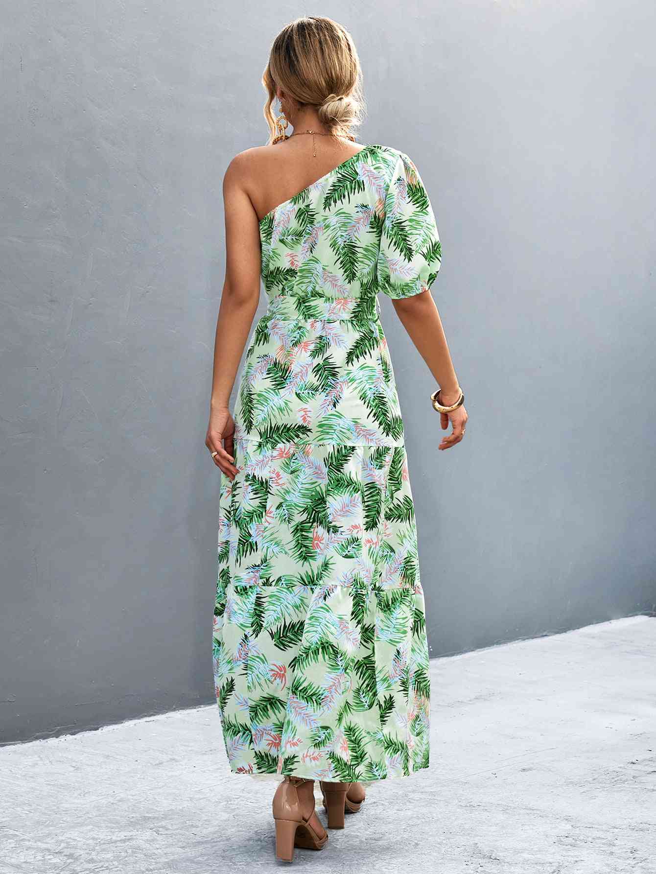 Printed Tie Waist One Shoulder Maxi Dress - GemThreads Boutique