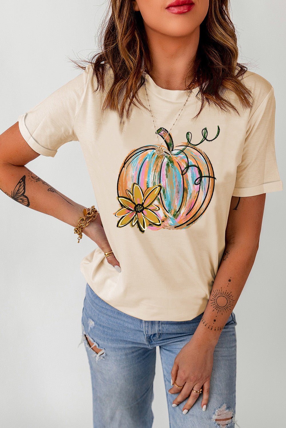 Pumpkin Graphic Round Neck T-Shirt - GemThreads Boutique