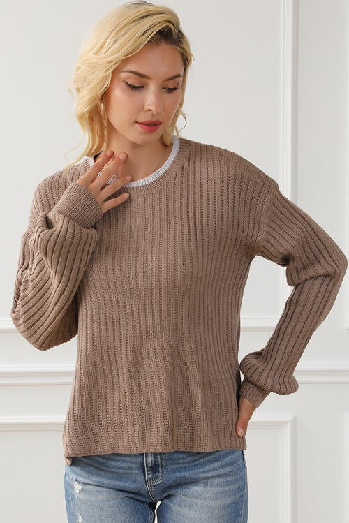 Ribbed Contrast Round Neck Slit Sweater - GemThreads Boutique