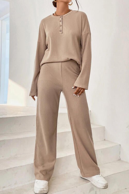 Ribbed Half Button Top and Pants Set - GemThreads Boutique