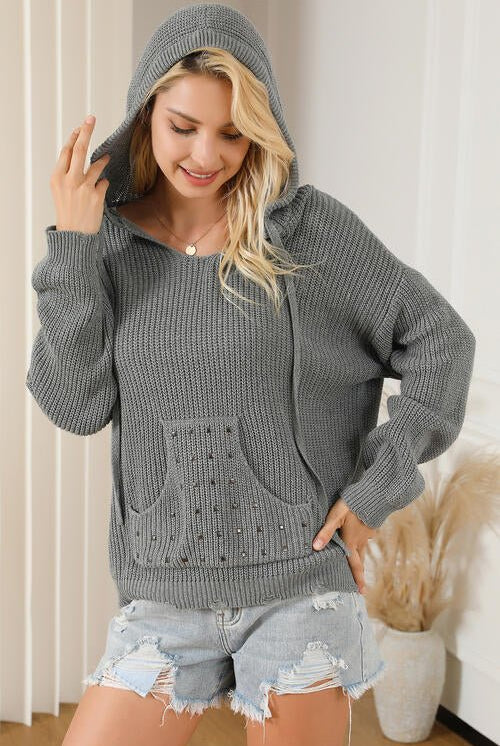 Rivet Drawstring Hooded Long Sleeve Sweater - GemThreads Boutique
