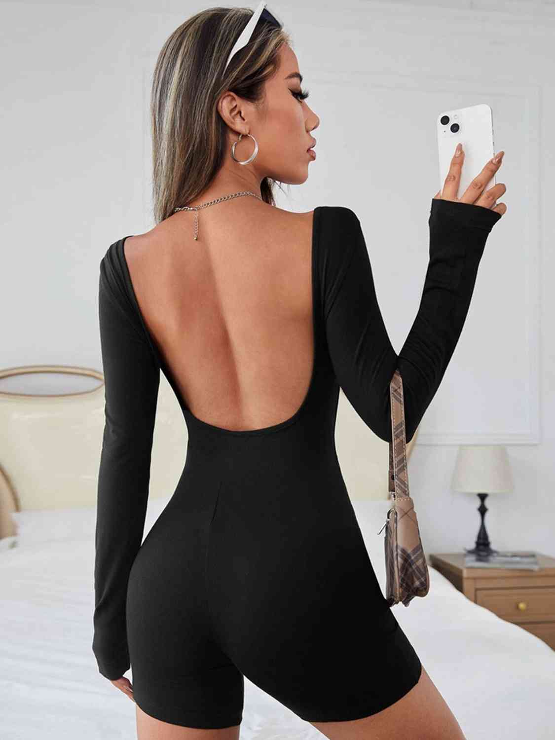 Round Neck Backless Long Sleeve Romper - GemThreads Boutique