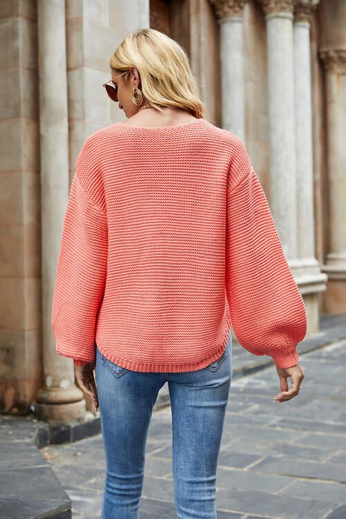 Round Neck Lantern Sleeve Sweater - GemThreads Boutique