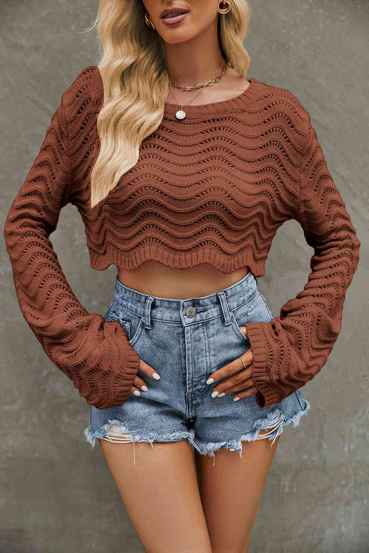 Round Neck Long Sleeve Cropped Sweater - GemThreads Boutique