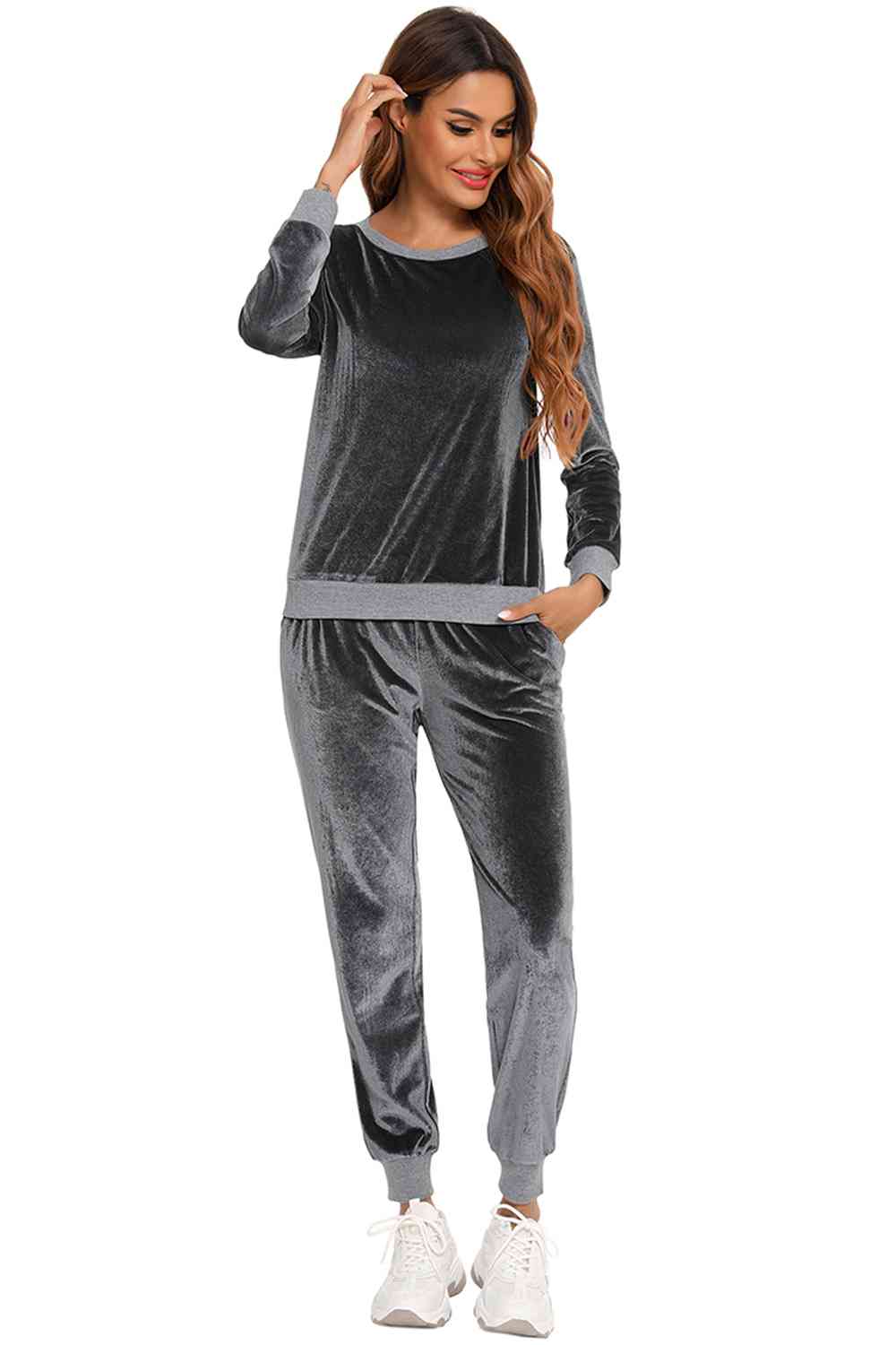 Round Neck Long Sleeve Loungewear Set with Pockets - GemThreads Boutique