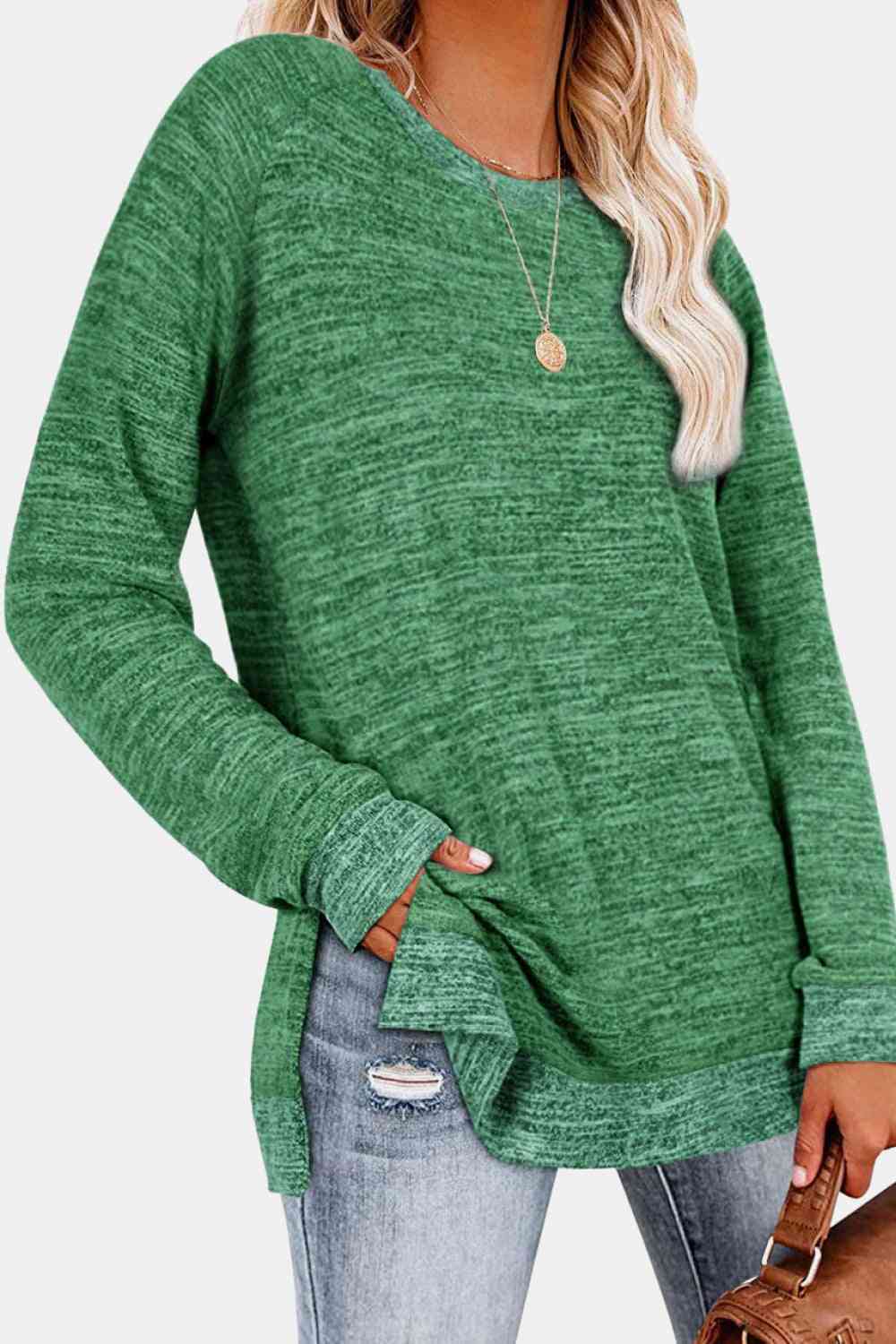 Round Neck Long Sleeve Slit T-Shirt - GemThreads Boutique