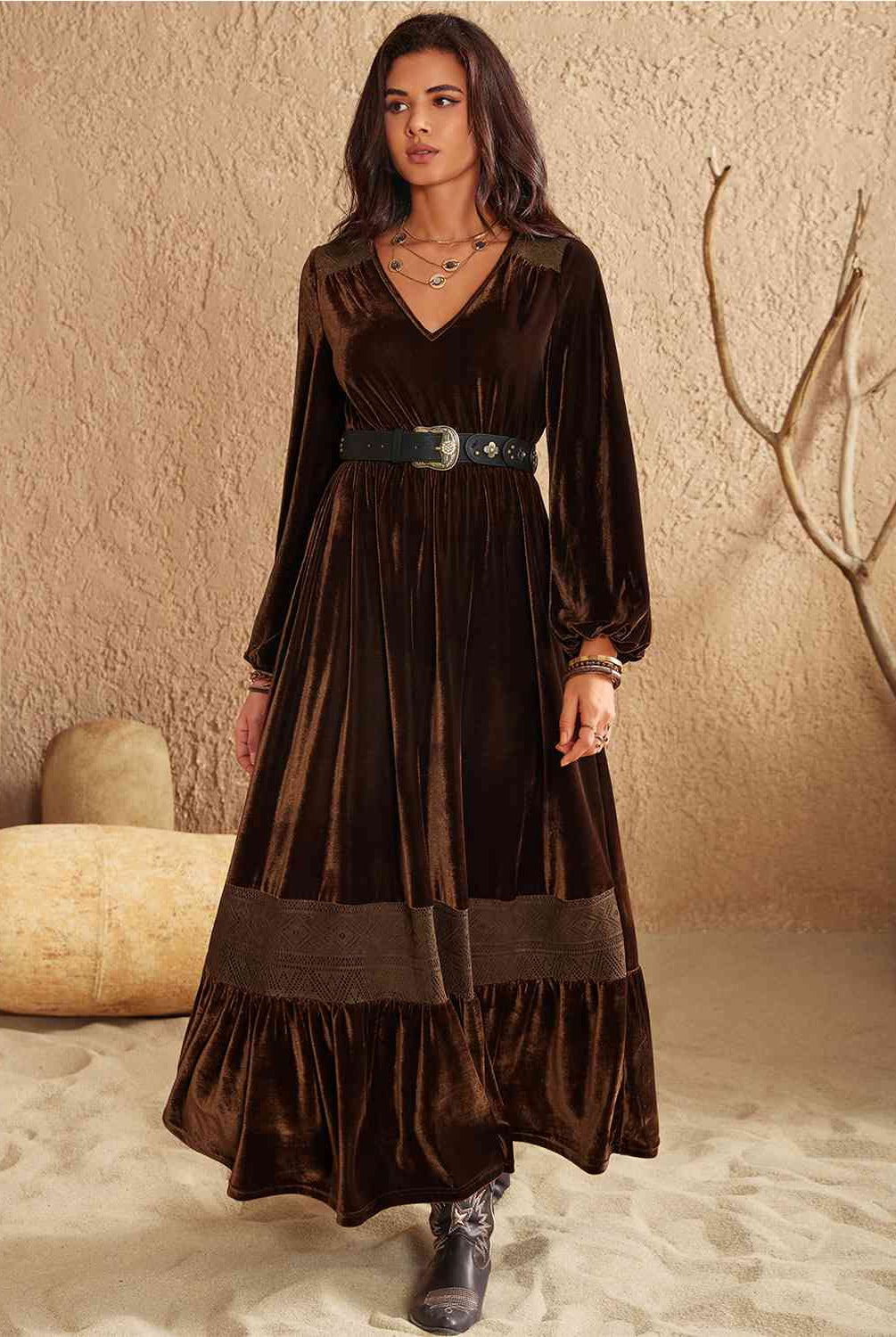 Ruffled V-Neck Long Sleeve Dress - GemThreads Boutique