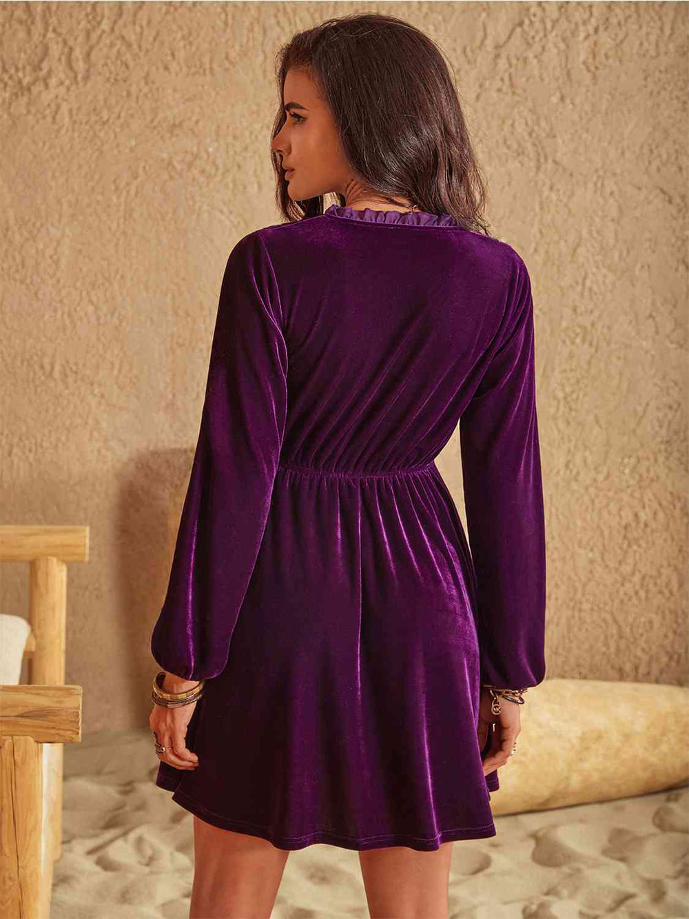 Ruffled V-Neck Long Sleeve Dress - GemThreads Boutique