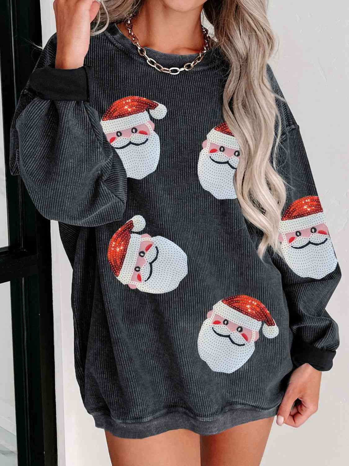 Sequin Santa Patch Ribbed Sweatshirt - GemThreads Boutique