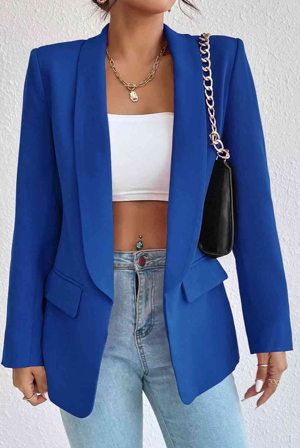 Shawl Collar Long Sleeve Blazer - GemThreads Boutique Shawl Collar Long Sleeve Blazer