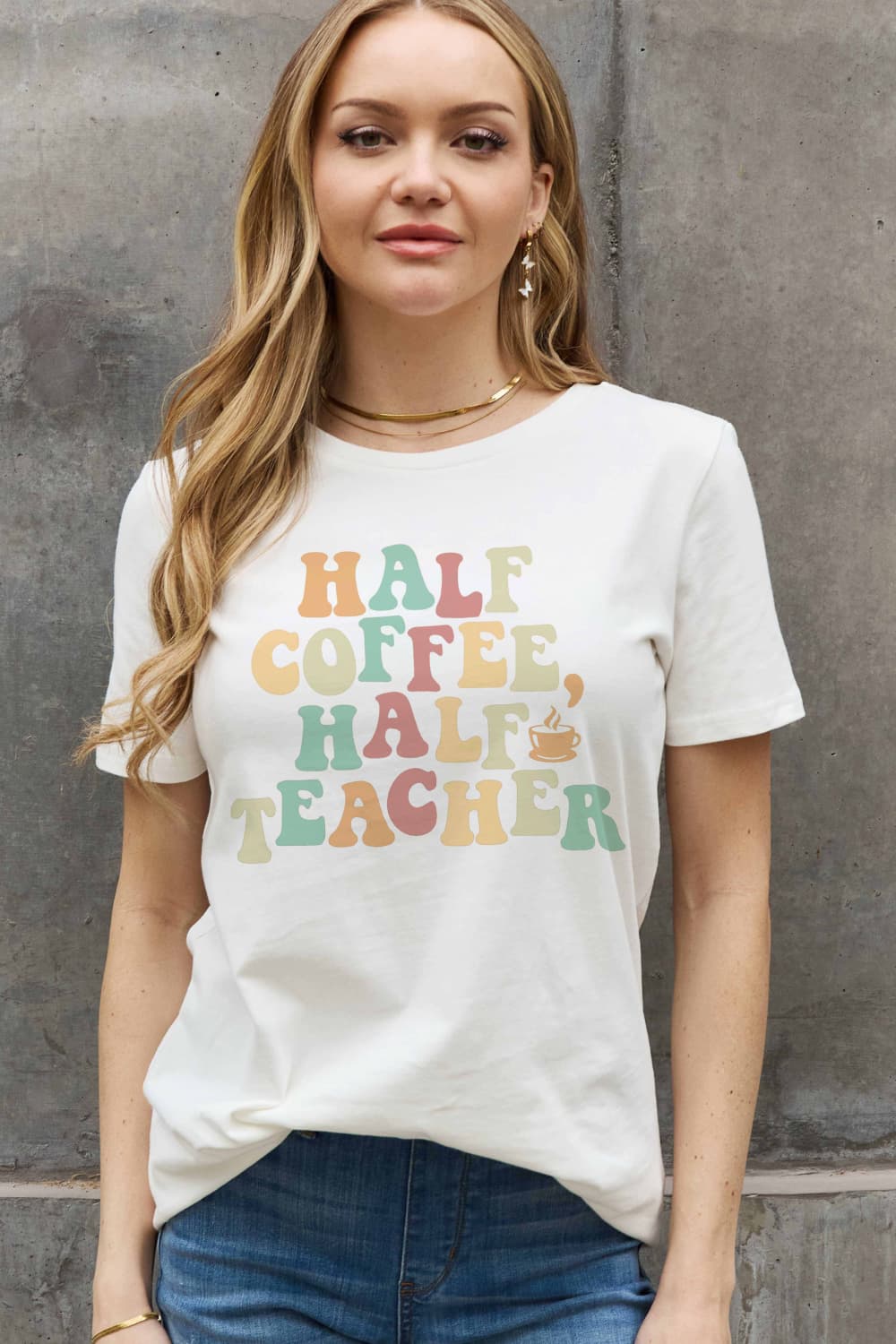 Simply Love Full Size HALF COFFEE HALF TEACHER Graphic Cotton Tee - GemThreads Boutique