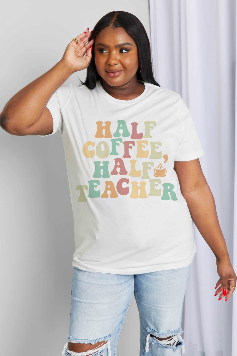 Simply Love Full Size HALF COFFEE HALF TEACHER Graphic Cotton Tee - GemThreads Boutique