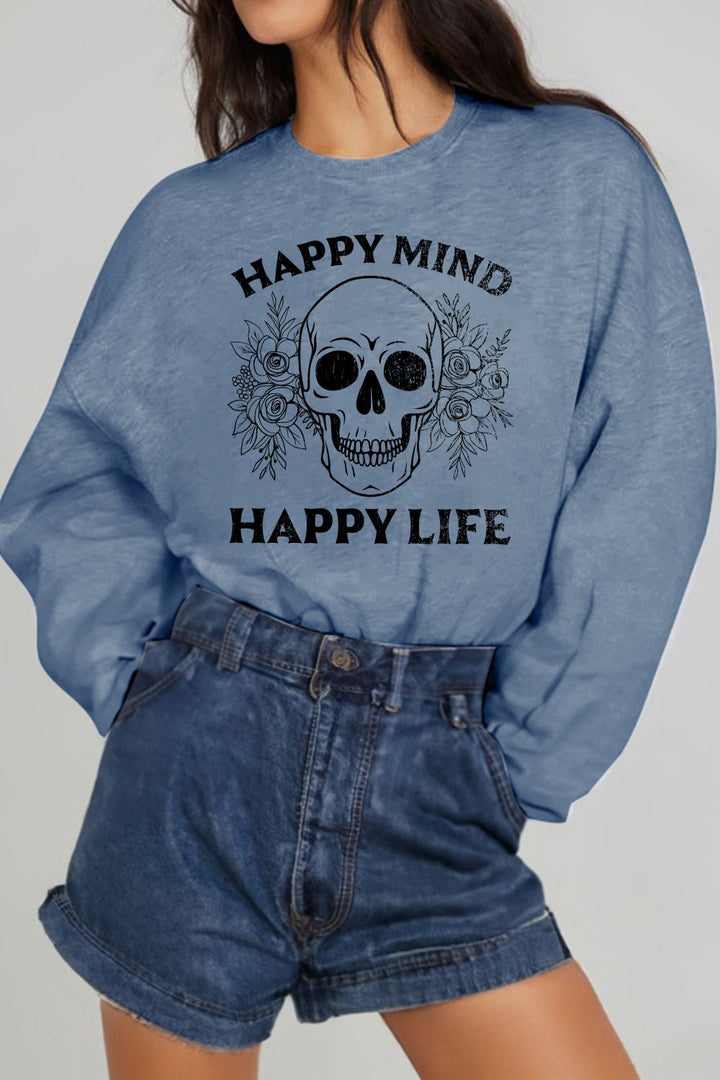 Simply Love Simply Love Full Size HAPPY MIND HAPPY LIFE SKULL Graphic Sweatshirt - GemThreads Boutique