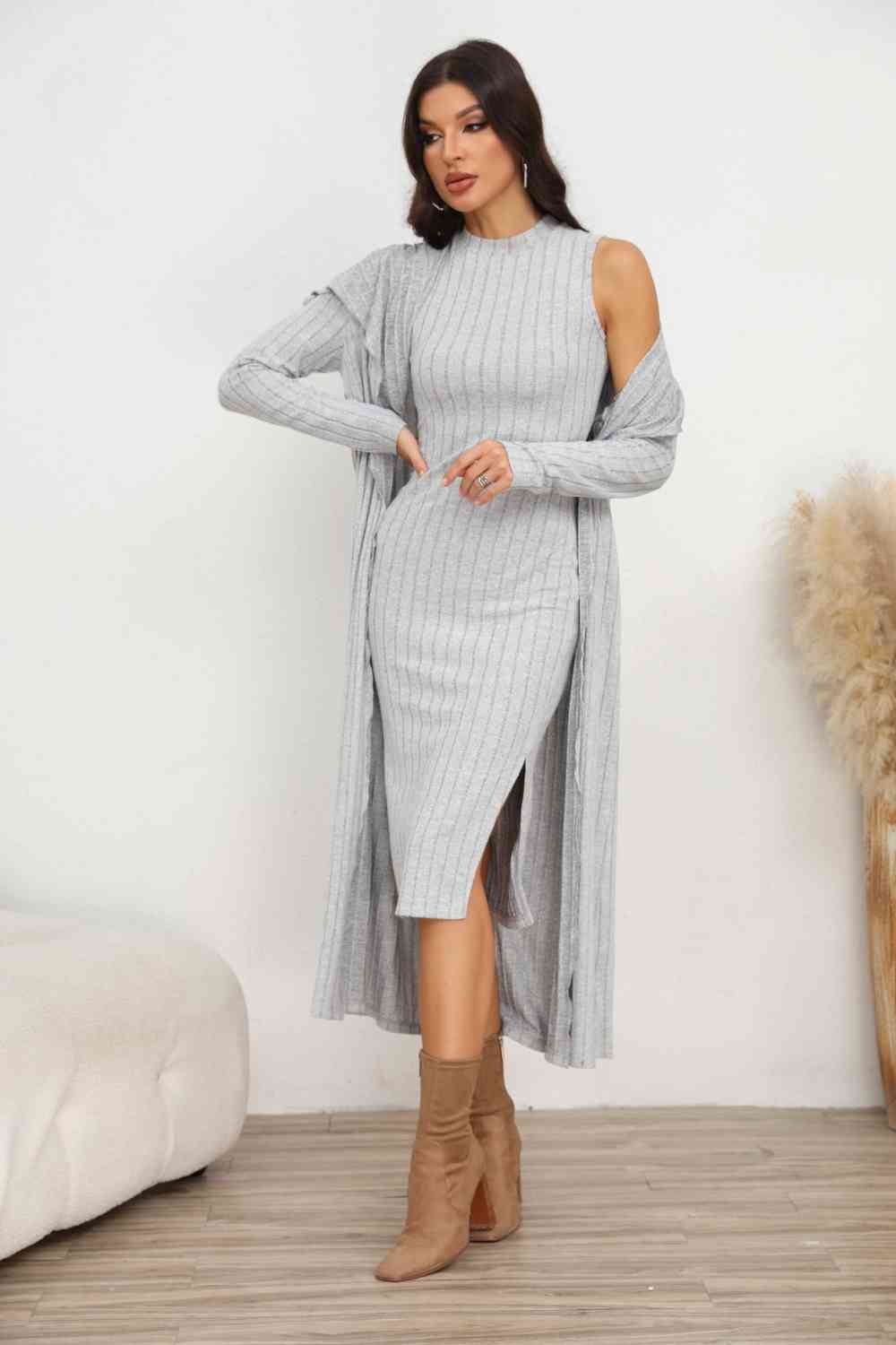 Slit Dress and Longline Cardigan Set - GemThreads Boutique