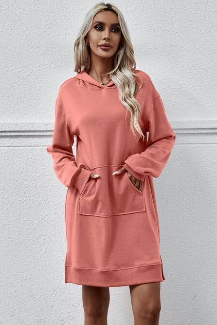 Slit Long Sleeve Hooded Dress with Pocket - GemThreads Boutique