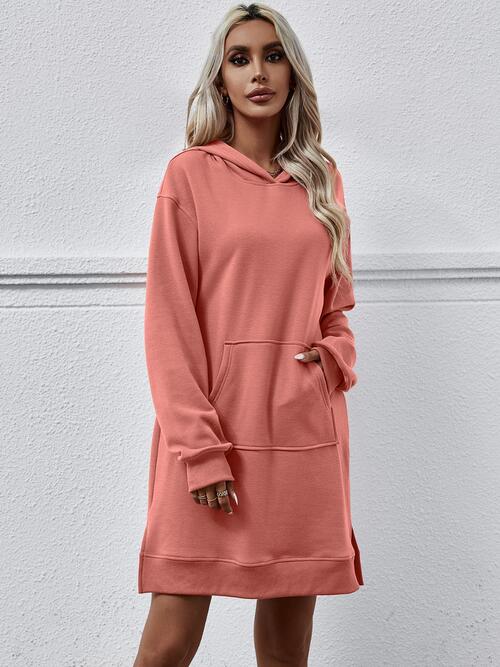 Slit Long Sleeve Hooded Dress with Pocket - GemThreads Boutique