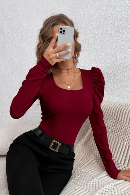 Square Neck Puff Long Sleeve Top - GemThreads Boutique