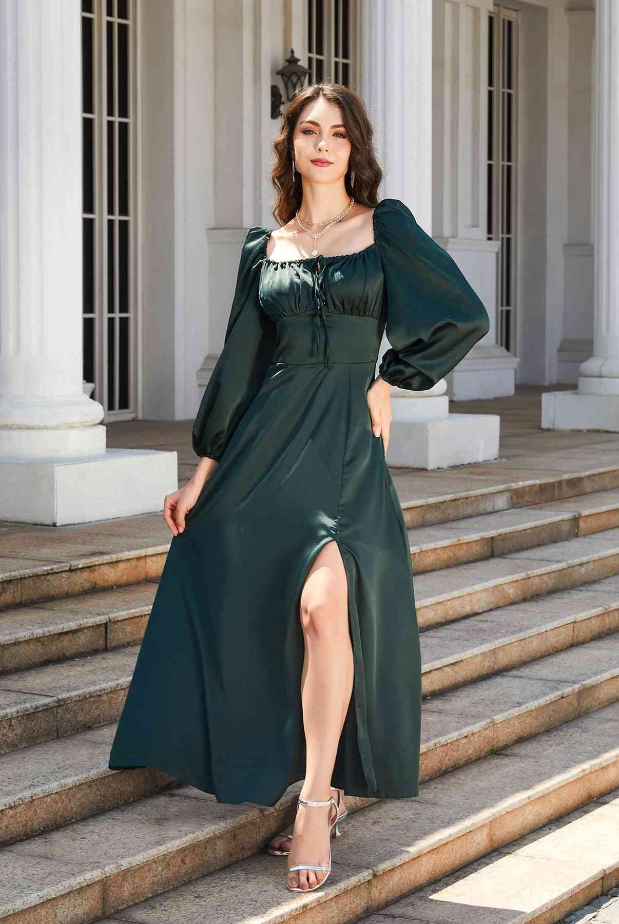 Square Neck Puff Sleeve High Slit Maxi Dress - GemThreads Boutique