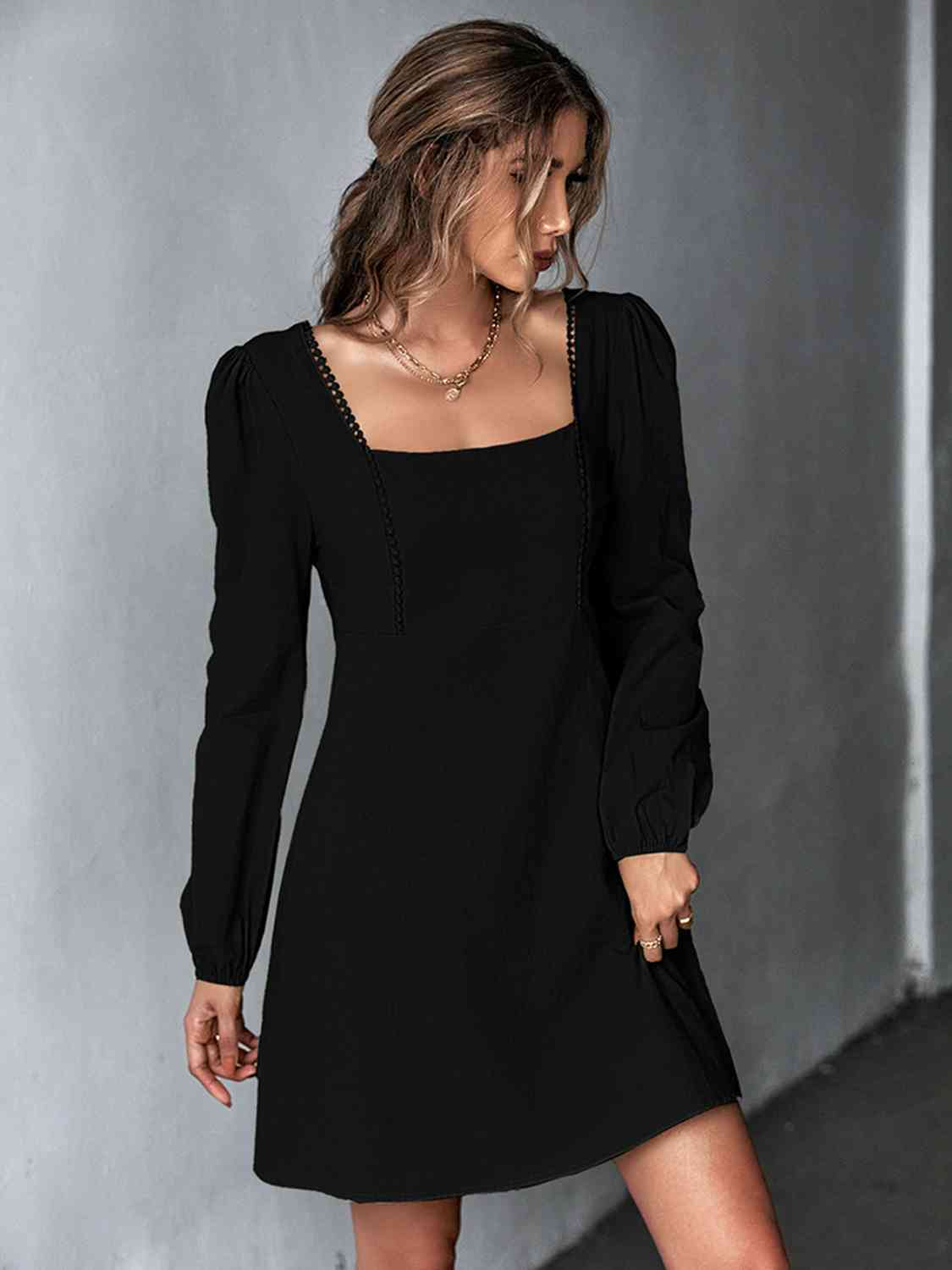 Square Neck Puff Sleeve Mini Dress - GemThreads Boutique