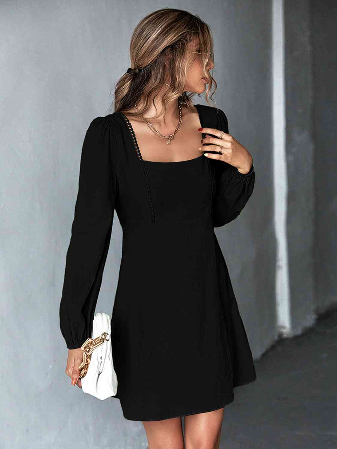 Square Neck Puff Sleeve Mini Dress - GemThreads Boutique