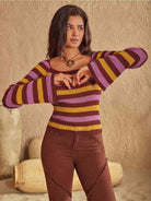 Striped Boat Neck Flare Sleeve Knit Top - GemThreads Boutique