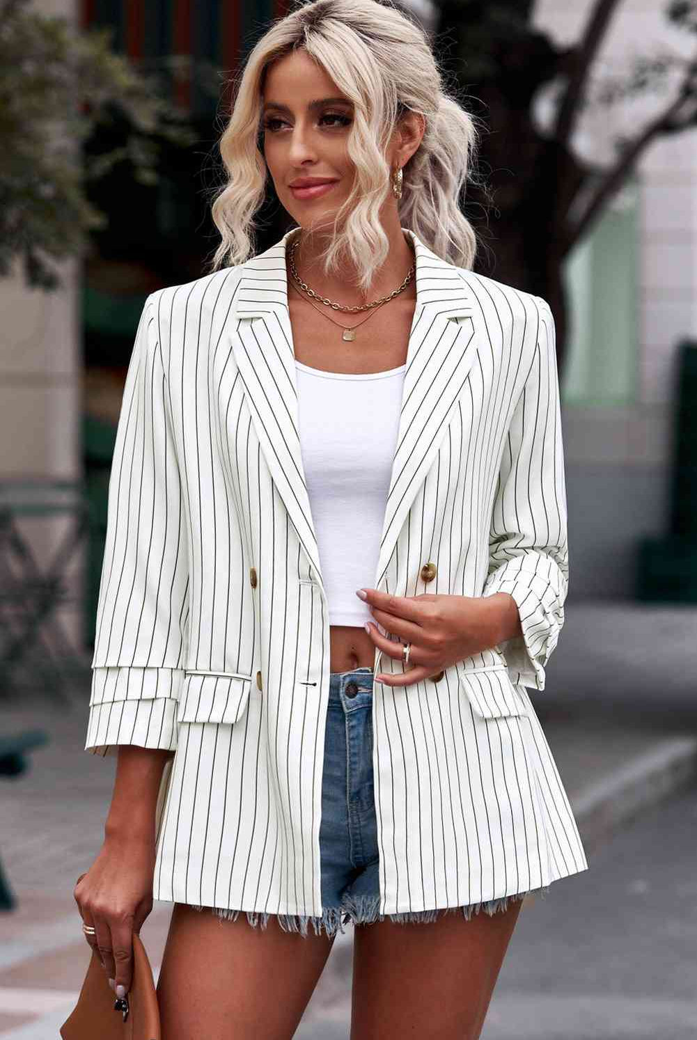 Striped Double-Breasted Long Sleeve Blazer - GemThreads Boutique
