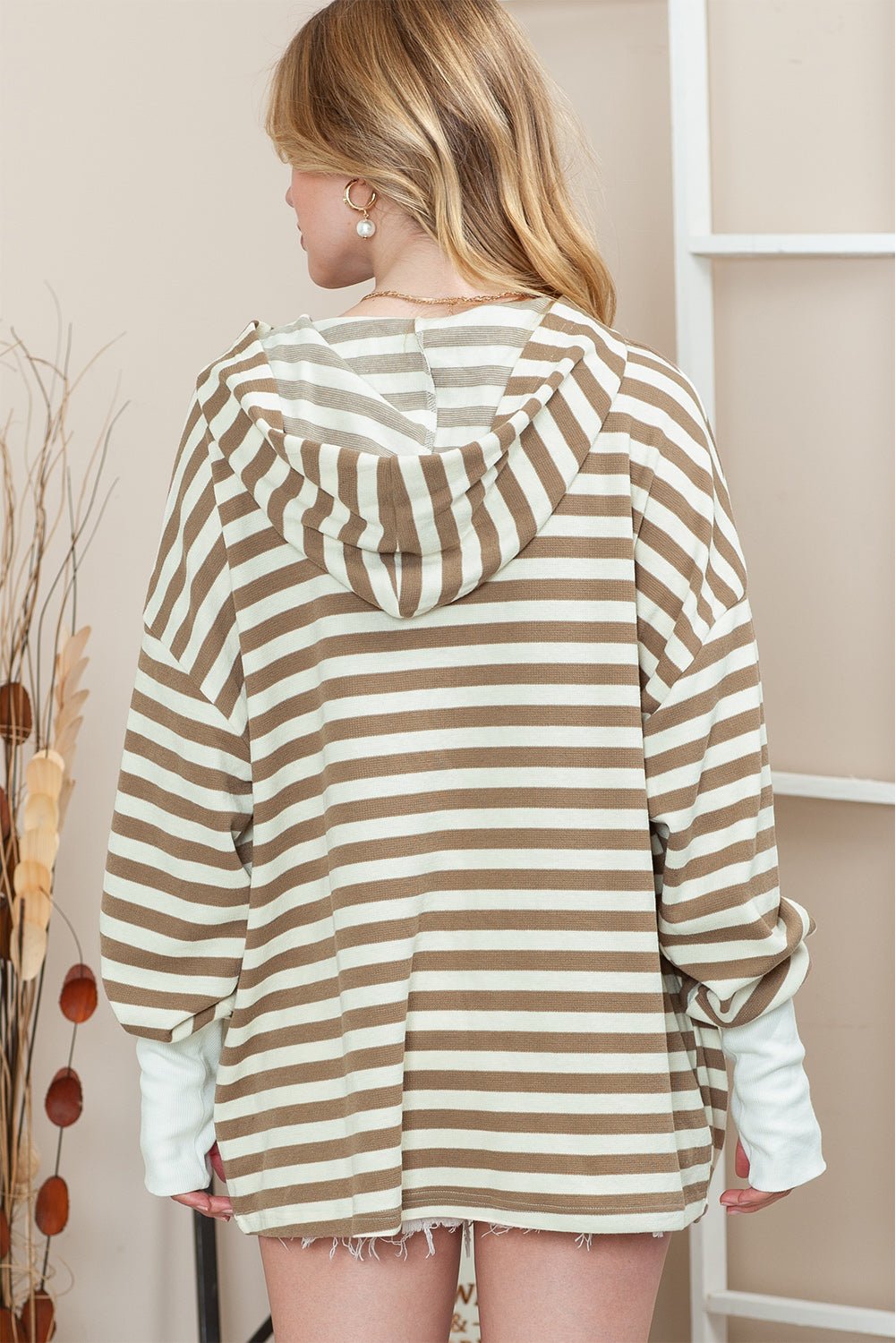 Striped Dropped Shoulder Buttoned Hoodie - GemThreads Boutique