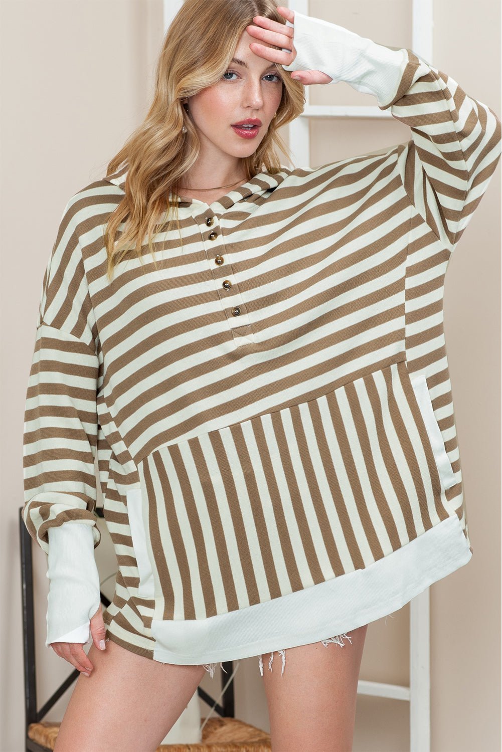 Striped Dropped Shoulder Buttoned Hoodie - GemThreads Boutique