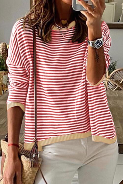 Striped Round Neck Drop Shoulder T-Shirt - GemThreads Boutique