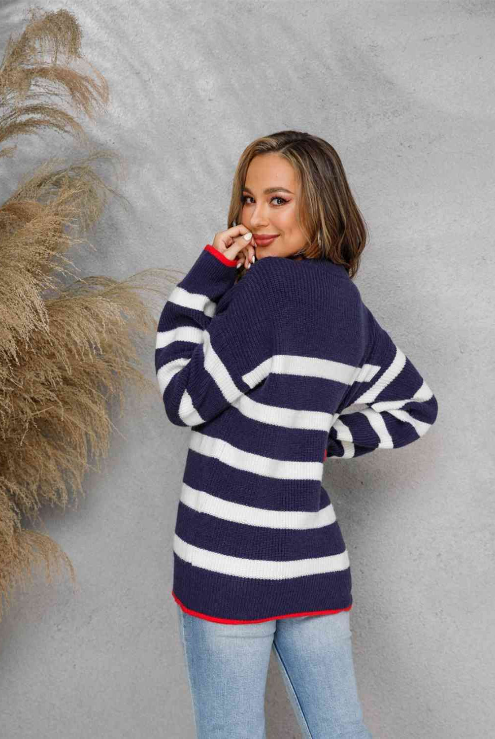 Striped Round Neck Dropped Shoulder Sweater - GemThreads Boutique