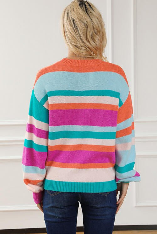 Striped Round Neck Long Sleeve Knit Top - GemThreads Boutique