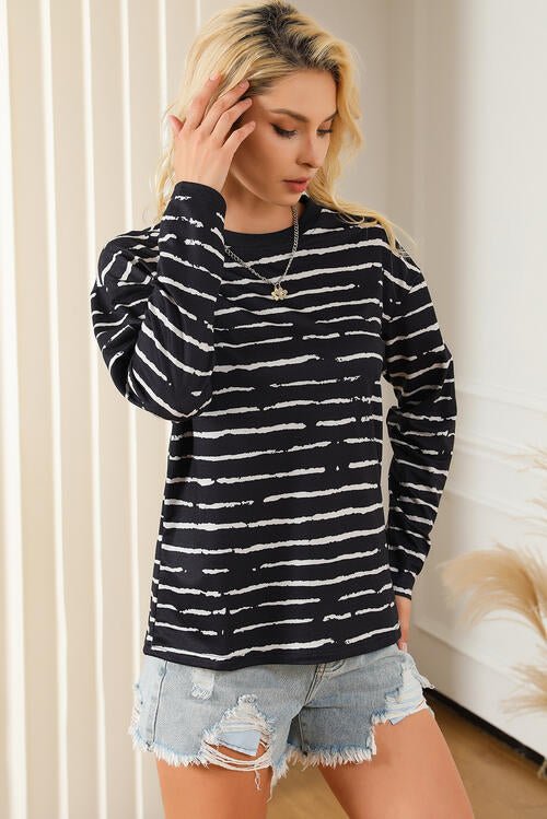 Striped Round Neck Long Sleeve T-Shirt - GemThreads Boutique