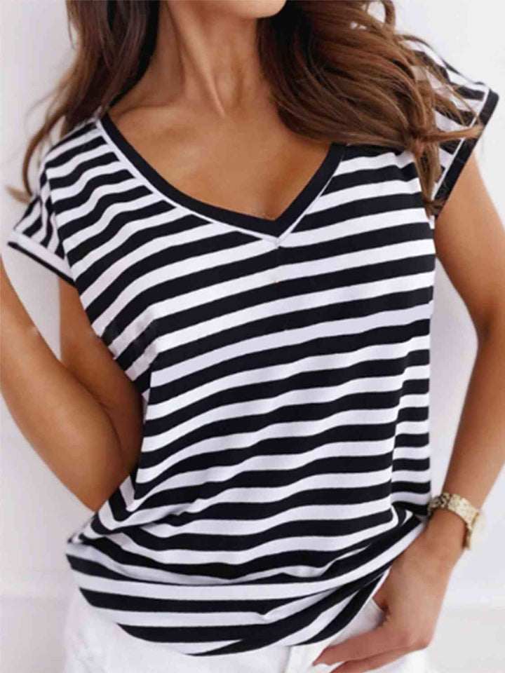 Striped V-Neck Short Sleeve T-Shirt - GemThreads Boutique