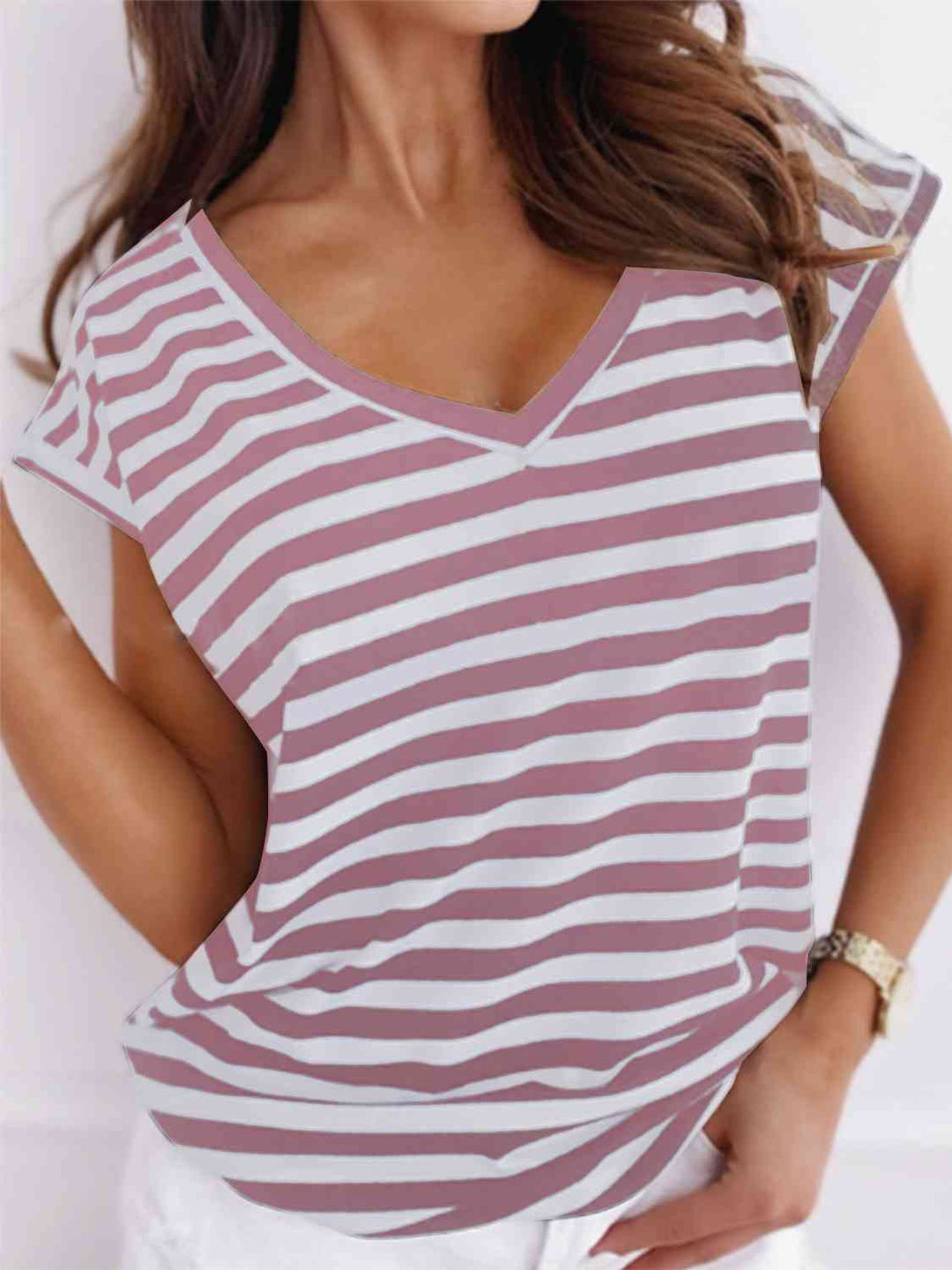 Striped V-Neck Short Sleeve T-Shirt - GemThreads Boutique