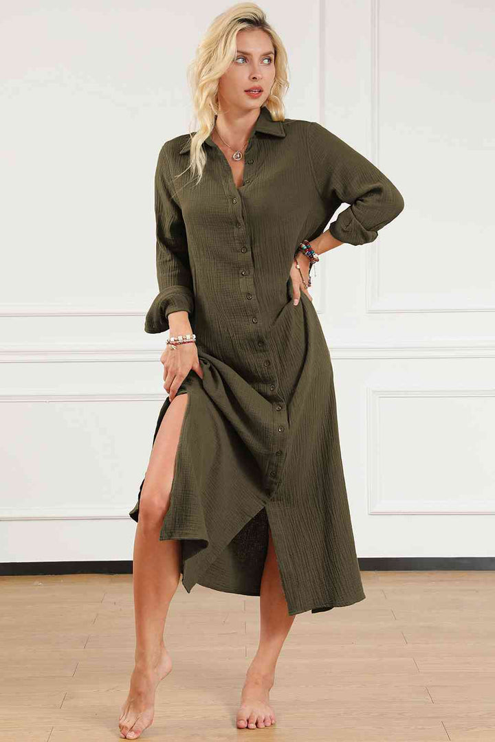 Texture Collared Neck Button Up Slit Shirt Dress - GemThreads Boutique