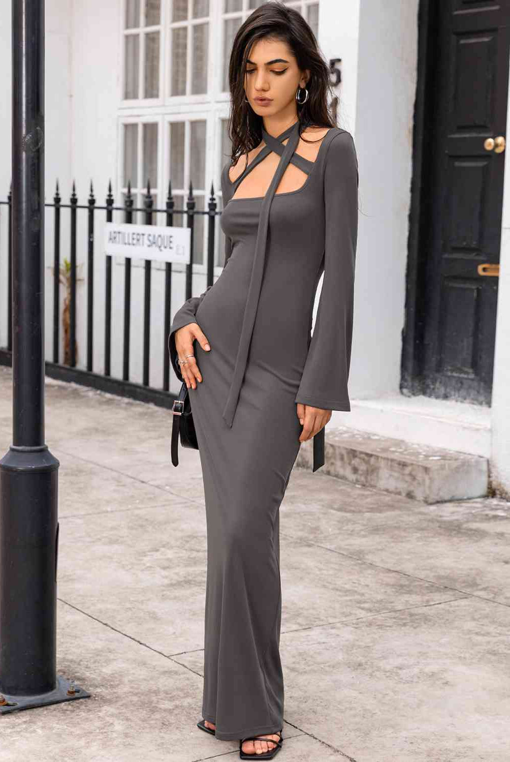 Tie Detail Long Sleeve Maxi Dress - GemThreads Boutique